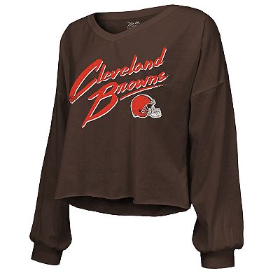 Women's Majestic Threads Shedeur Sanders Brown Cleveland Browns 2025 NFL Draft Off-Shoulder Script Name & Number V-Neck T-Shirt