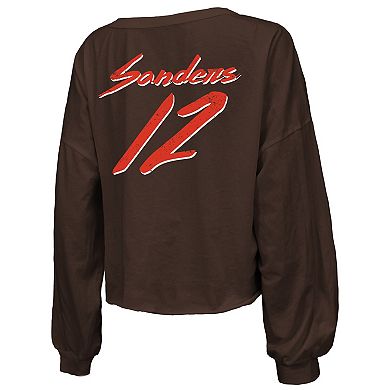 Women's Majestic Threads Shedeur Sanders Brown Cleveland Browns 2025 NFL Draft Off-Shoulder Script Name & Number V-Neck T-Shirt