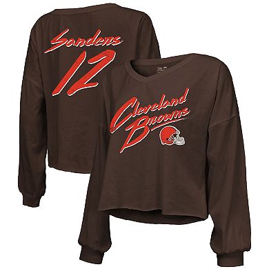 Women's Majestic Threads Shedeur Sanders Brown Cleveland Browns 2025 NFL Draft Off-Shoulder Script Name & Number V-Neck T-Shirt