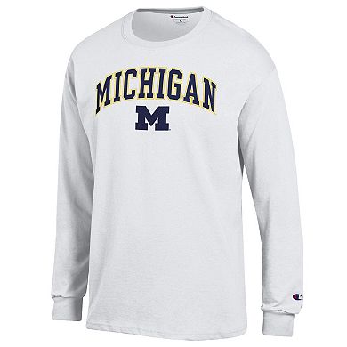 Men's Champion White Michigan Wolverines Arch Over Logo 2-Hit Long Sleeve T-Shirt