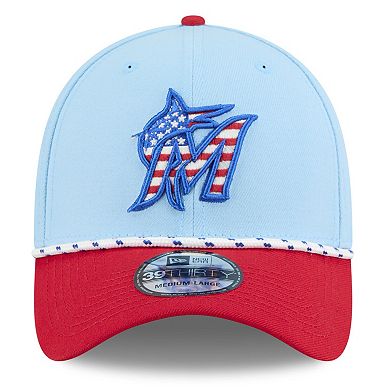 Men's New Era Light Blue/Red Miami Marlins 2025 Fourth of July 39THIRTY Flex Hat