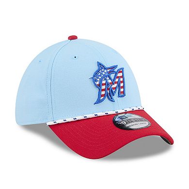Men's New Era Light Blue/Red Miami Marlins 2025 Fourth of July 39THIRTY Flex Hat