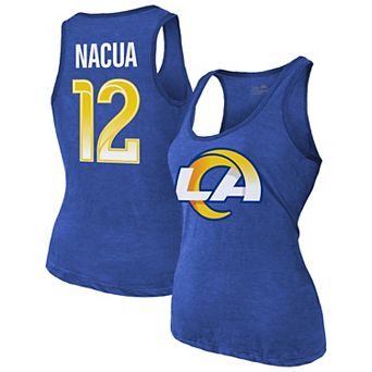 Women's Majestic Threads Puka Nacua Royal Los Angeles Rams Name & Number Tri-Blend Scoop Neck Tank Top