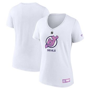 Women's Fanatics White New Jersey Devils 2024 Hockey Fights Cancer V-Neck T-Shirt