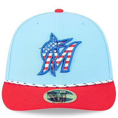 Men's New Era Light Blue/Red Miami Marlins 2025 Fourth of July Low Profile 59FIFTY Fitted Hat