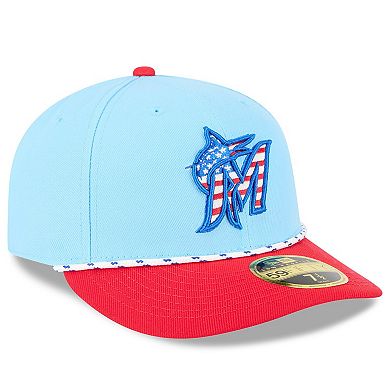Men's New Era Light Blue/Red Miami Marlins 2025 Fourth of July Low Profile 59FIFTY Fitted Hat