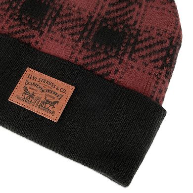 Men's Levi's Double Horse Logo Patch Brushed Plaid Beanie
