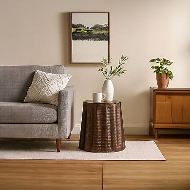 Liora 19" Side End Table, Handcrafted Bronze-Finish Aluminum, Hammered Round Design