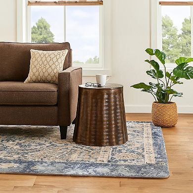 Liora 19" Side End Table, Handcrafted Bronze-Finish Aluminum, Hammered Round Design