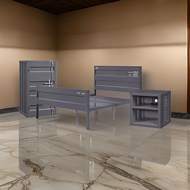 Dua Three Pc Bedroom Set, Recessed Panel Pattern, Industrial Style, Metal