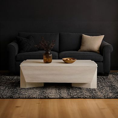 Joanie Coffee Table, 45" Rectangular Biscotti White Handcrafted Mango Wood, Solid Asymmetric Base