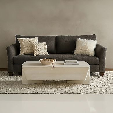 Joanie Coffee Table, 45" Rectangular Biscotti White Handcrafted Mango Wood, Solid Asymmetric Base