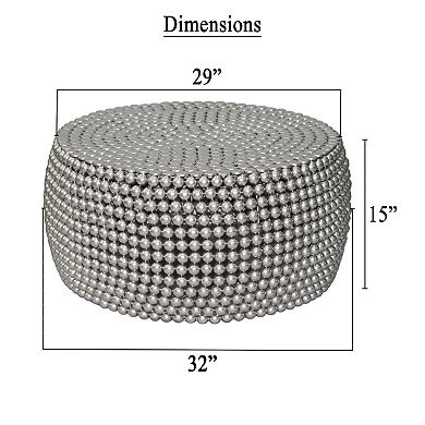 Eve 32" Coffee Table, Silver Metallic Beads Studded Pattern, Nickel Coated Iron Frame