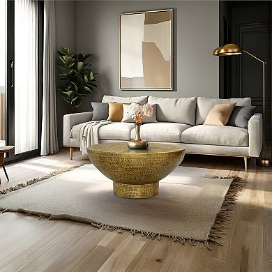 Orion Coffee Table, 32 Inch Round Martini Glass Shape, Hammered Antique Brass Finish