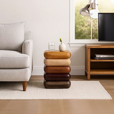 Zyra Side End Table, Sculptural Stacked Design, Acacia Wood Artisanship