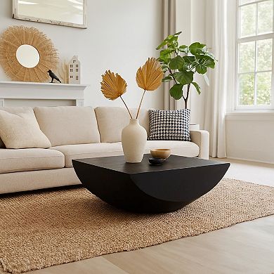 Joanie Coffee Table, 36" Square Top, Handcrafted Matte Black Mango Wood, Rounded Drum Base