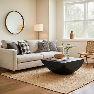 Joanie Coffee Table, 36" Square Top, Handcrafted Matte Black Mango Wood, Rounded Drum Base