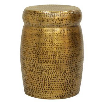 Kvira 21" Round Drum Side End Table, Artisan Hammered Embossed Texture, Antique Gold Brass Finish