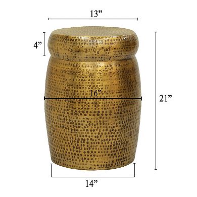 Kvira 21" Round Drum Side End Table, Artisan Hammered Embossed Texture, Antique Gold Brass Finish