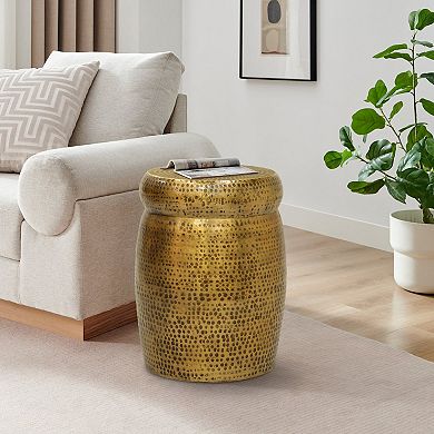 Kvira 21" Round Drum Side End Table, Artisan Hammered Embossed Texture, Antique Gold Brass Finish