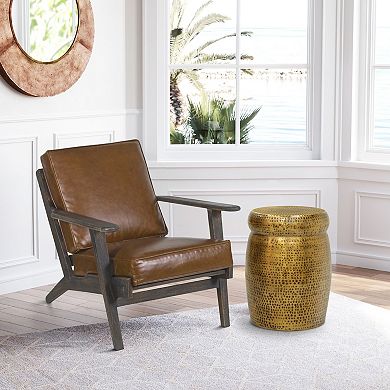 Kvira 21" Round Drum Side End Table, Artisan Hammered Embossed Texture, Antique Gold Brass Finish