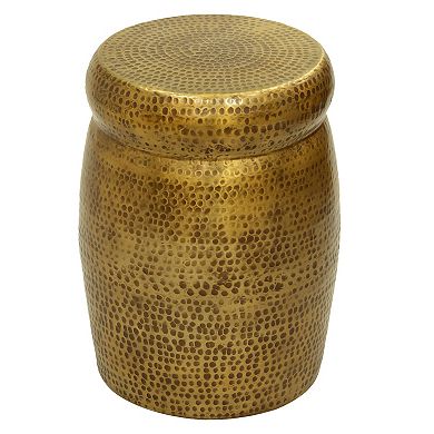 Kvira 21" Round Drum Side End Table, Artisan Hammered Embossed Texture, Antique Gold Brass Finish