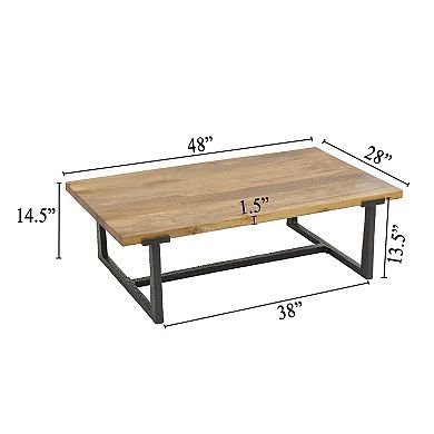 Marlon 48" Coffee Table, Handmade Aluminum Cast Black Frame, Natural Brown Solid Mango Wood Top