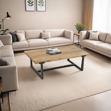 Marlon 48" Coffee Table, Handmade Aluminum Cast Black Frame, Natural Brown Solid Mango Wood Top