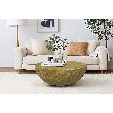Terminus Coffee Table, 36 Inch Round Bowl Base with Hand Etched Texture, Antique Brass