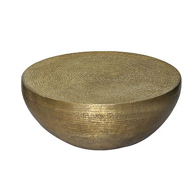 Terminus Coffee Table, 36 Inch Round Bowl Base with Hand Etched Texture, Antique Brass