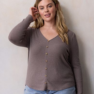 Plus Size LC Lauren Conrad Puff Sleeve V-Neck Knit Cardigan