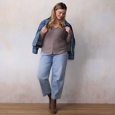 Plus Size LC Lauren Conrad Puff Sleeve V-Neck Knit Cardigan