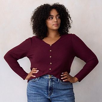 Plus Size LC Lauren Conrad Puff Sleeve V-Neck Knit Cardigan