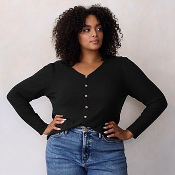 Plus Size LC Lauren Conrad Puff Sleeve V-Neck Knit Cardigan