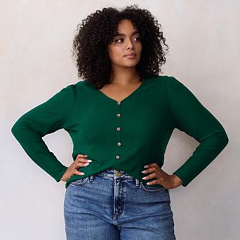 Plus Size LC Lauren Conrad Puff Sleeve V-Neck Knit Cardigan