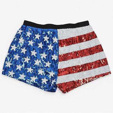 Women's Sequin High-Waisted Shorts with Star and Stripe Pattern