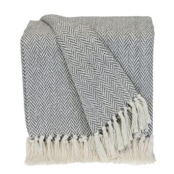 Beige And Blue Transitional Handloom Herringbone Throw Blanket 52" X 67"
