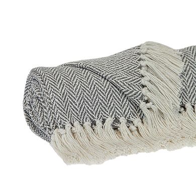 Beige And Blue Transitional Handloom Herringbone Throw Blanket 52" X 67"