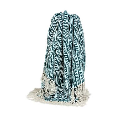 Beige And Blue Transitional Handloom Herringbone Throw Blanket 52" X 67"