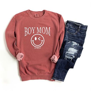 S.W.Smiley Boy Mom Outline - Women's Garment Dyed Graphic Sweatshirt