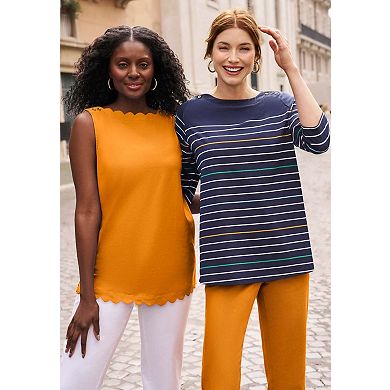 Jessica London Women's Plus Size Sleeveless Scallop Boatneck Tee