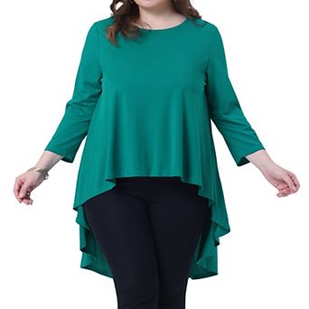 Plus Size 3/4 Sleeve High Low Top for Curvy Women Crew Neck Asymmetrical Hem Blouse Tunic Shirt