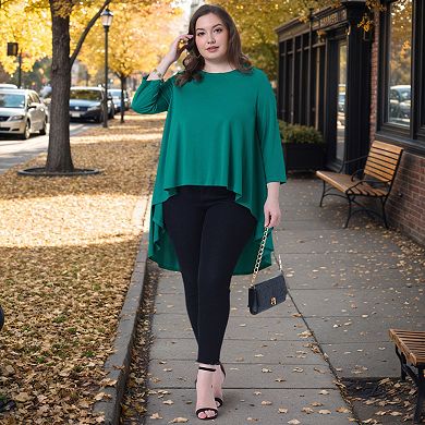 Plus Size 3/4 Sleeve High Low Top for Curvy Women Crew Neck Asymmetrical Hem Blouse Tunic Shirt