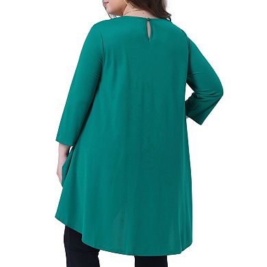 Plus Size 3/4 Sleeve High Low Top for Curvy Women Crew Neck Asymmetrical Hem Blouse Tunic Shirt