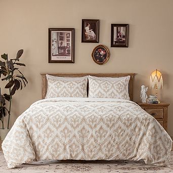 Slub Cotton 3 pc Duvet Cover Set, Floral Jacquard with Texture Detail, Queen/King