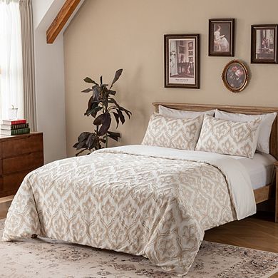 Slub Cotton 3Pc Duvet Cover Set, Floral Jacquard with Texture Detail, Queen/King