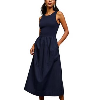 Women's Sleeveless Crew Neck Fit and Flare Midi Dress with Gathered Waist and Pockets