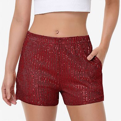 Women's Sequin Shorts Elastic Waist Sparkly Party Bottoms with Pockets
