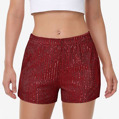 Women's Sequin Shorts Elastic Waist Sparkly Party Bottoms with Pockets