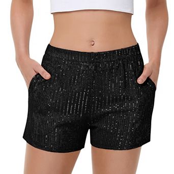 Women's Sequin Shorts Elastic Waist Sparkly Party Bottoms with Pockets